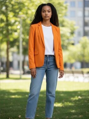 Adrianna Papell Mustard/Orange Blazer Womens Medium Polka Dot Lined Stretch
